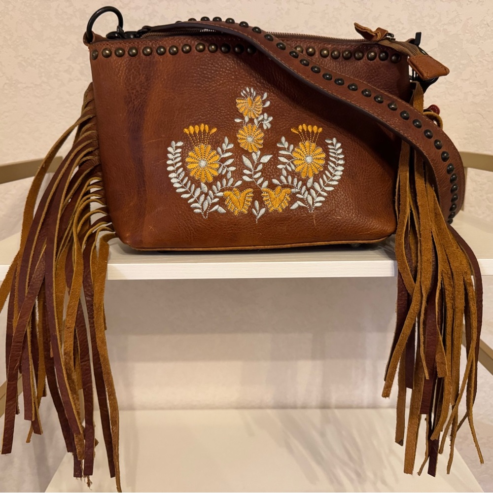 American Darling Brown Crossbody Bag with Yellow Floral Embroidery